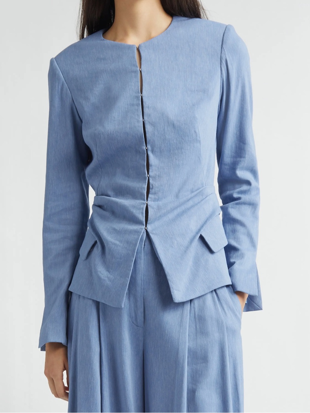 Lela Rose Slubbed Tucked Blue Jacket size 6 Collarless Career
